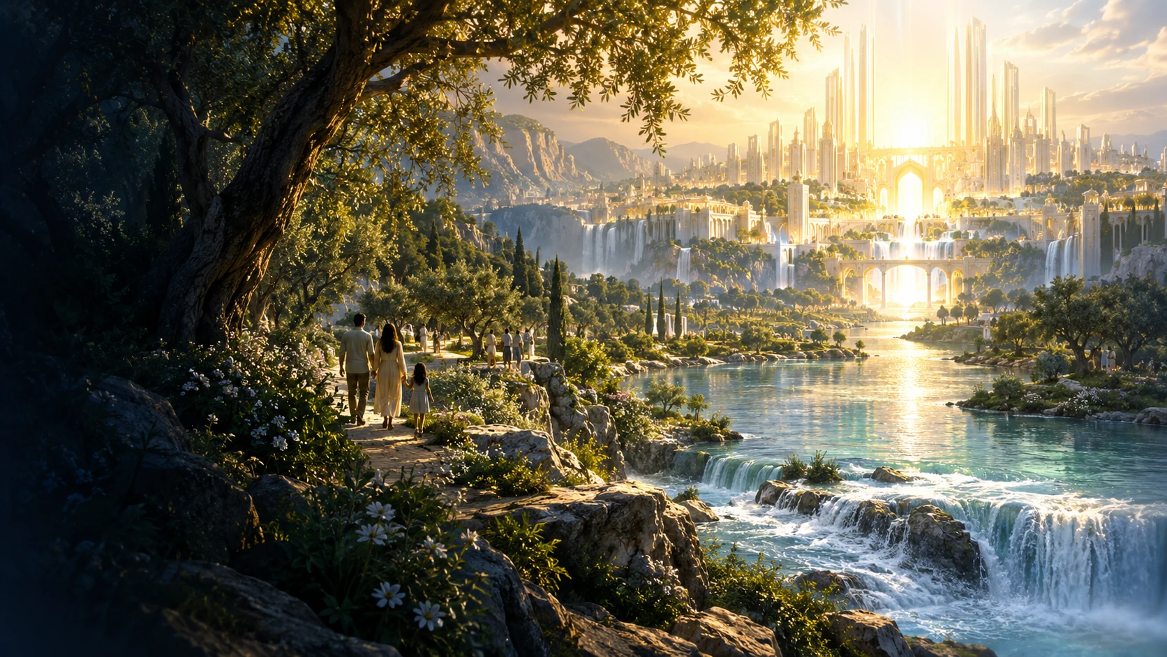 Artistic vision of people following the river of life toward a radiant New Jerusalem