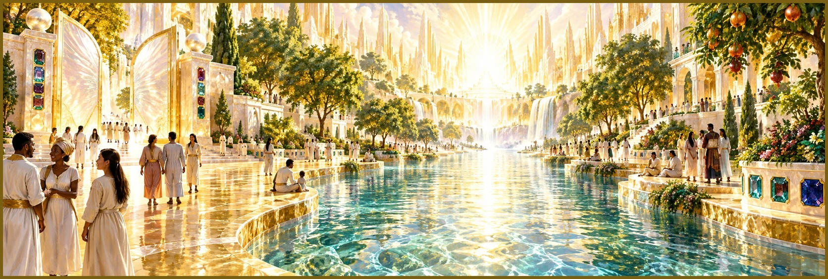 Artistic illustration of the river of life and New Jerusalem