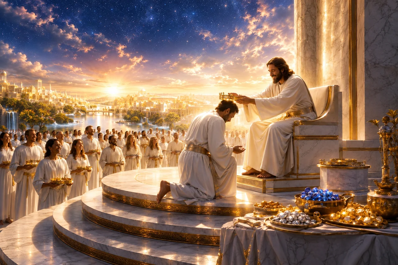 Artistic visualization of the King rewarding a believer at the Bema Seat