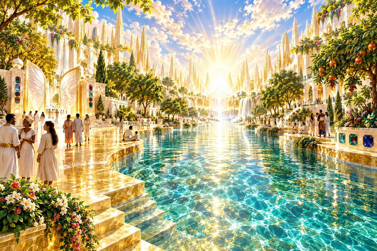 Artistic visualization of the river of life and New Jerusalem