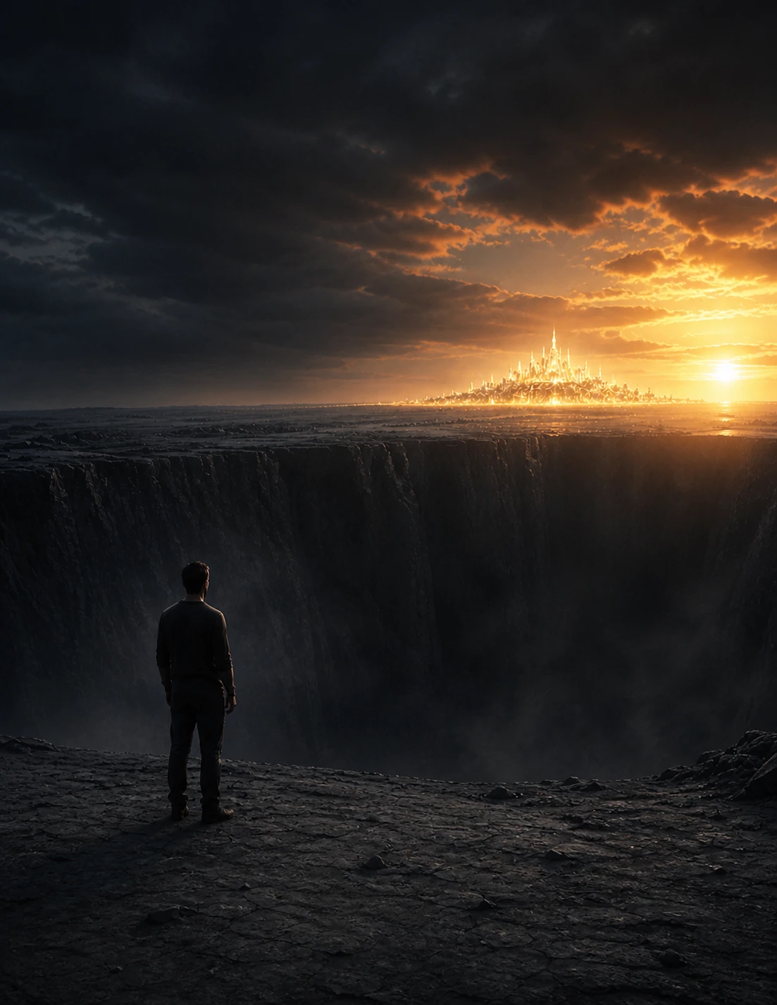 Conceptual view of a person facing a vast gulf with a luminous city beyond.