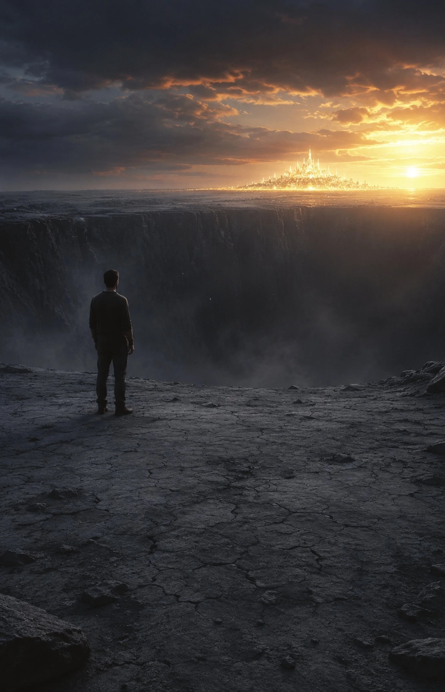 Conceptual illustration of a man separated from the distant city by a great chasm.