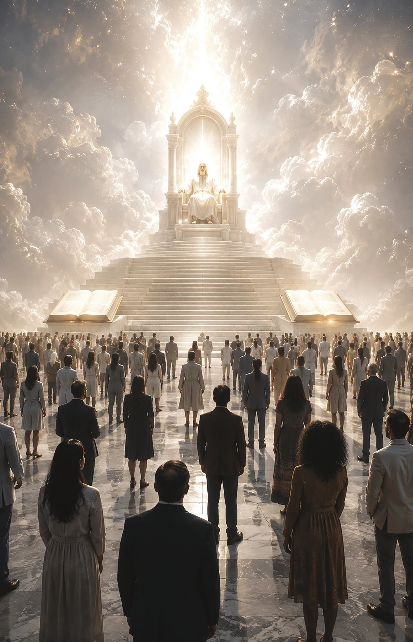 Symbolic illustration of people standing before a radiant throne and opened books.