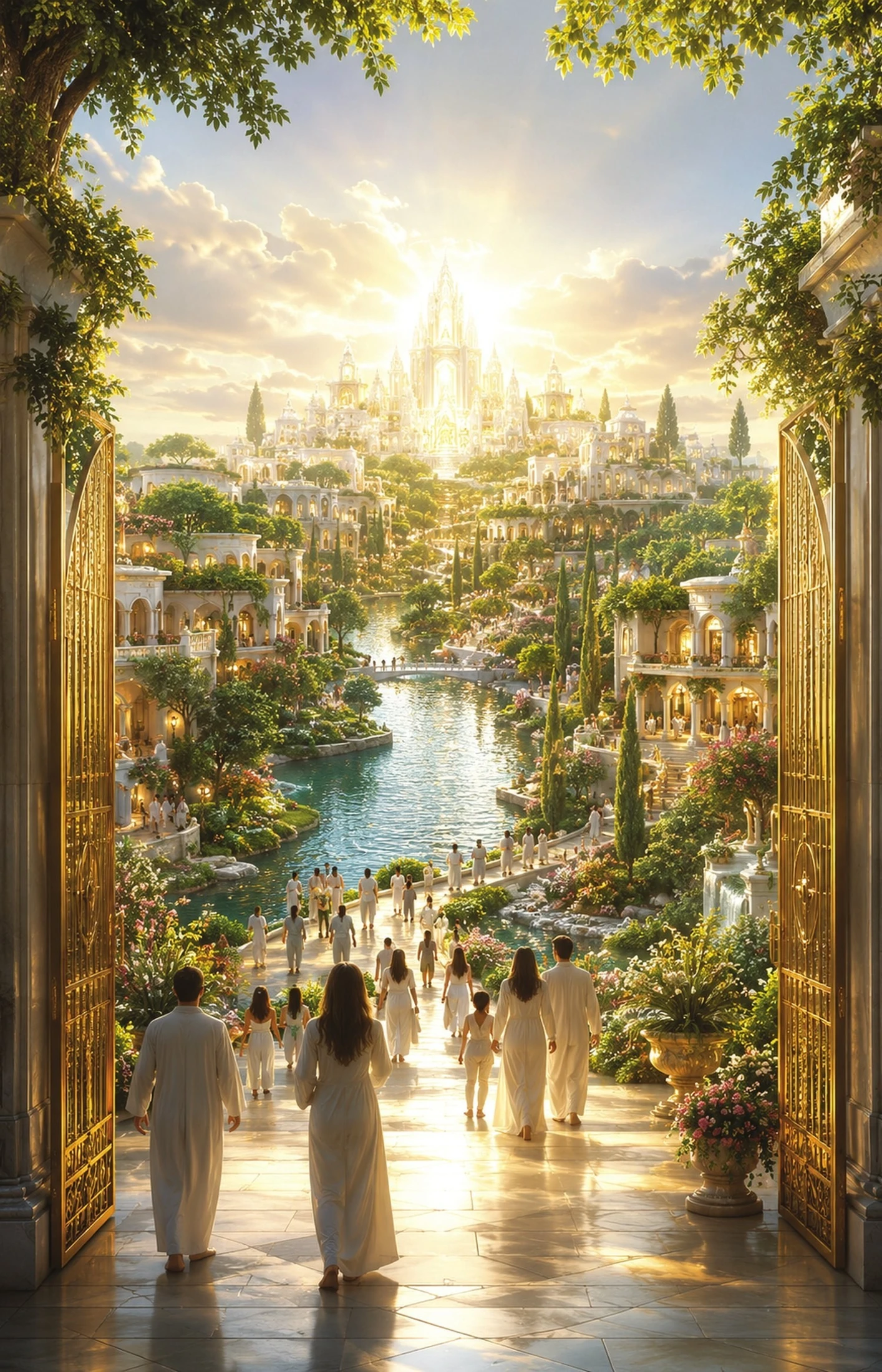 Symbolic illustration of people entering the New Jerusalem through open gates.
