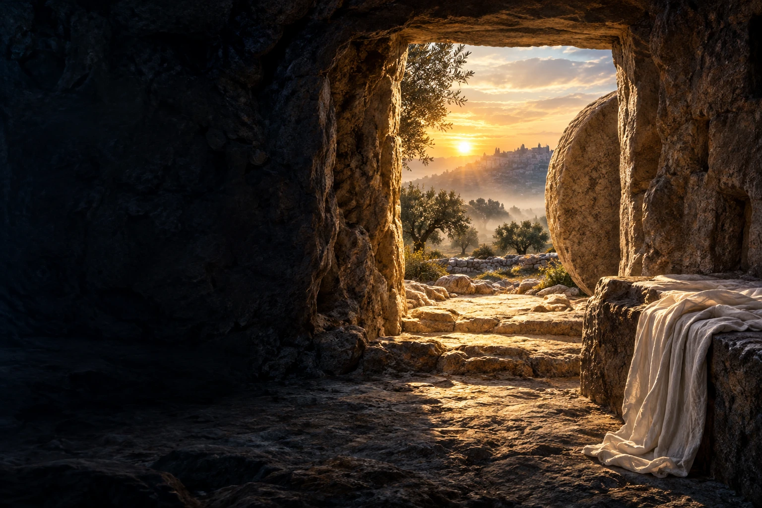 Conceptual illustration of the empty tomb at sunrise.