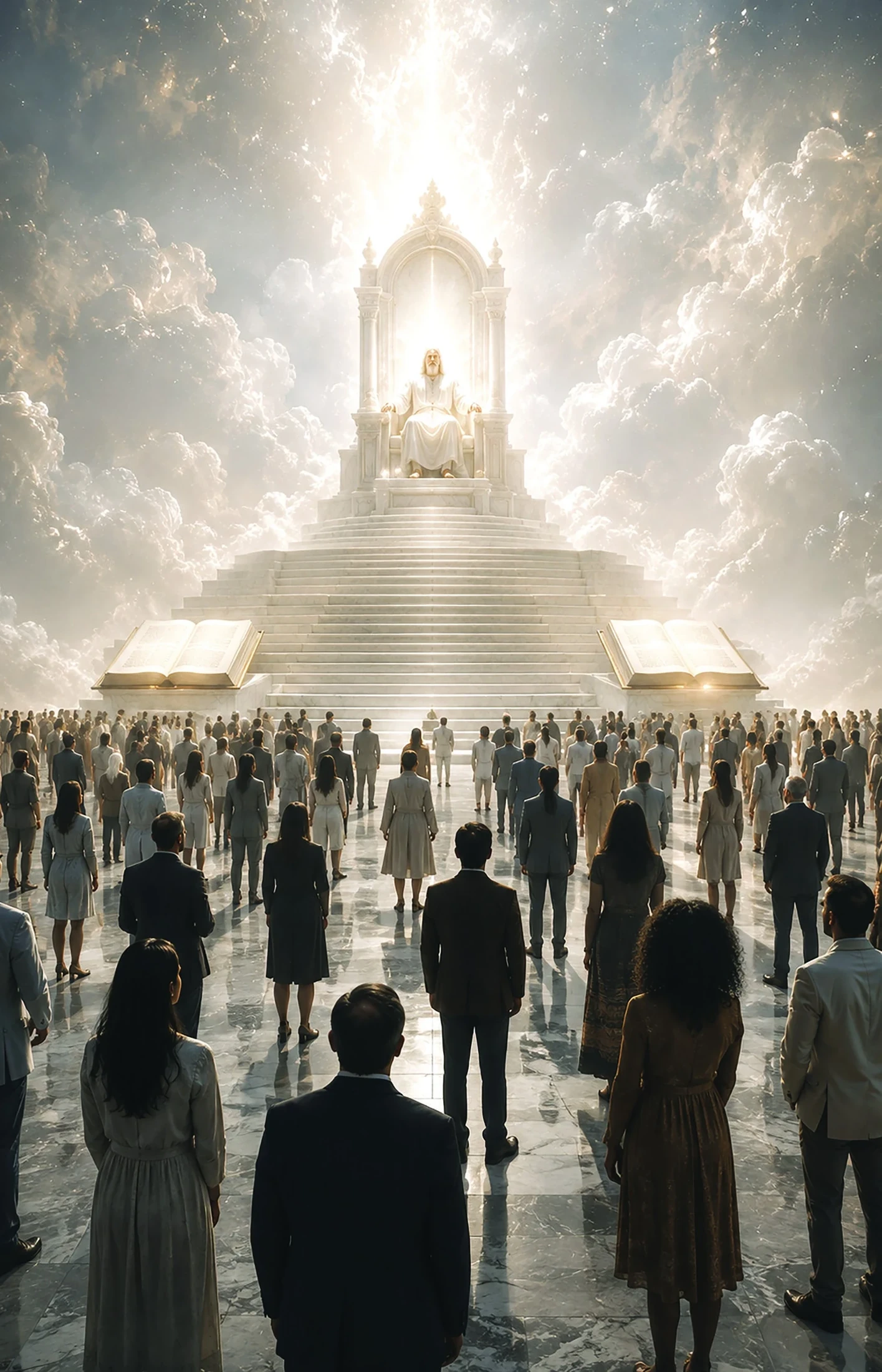 Symbolic illustration of people gathered before the Great White Throne and opened books.