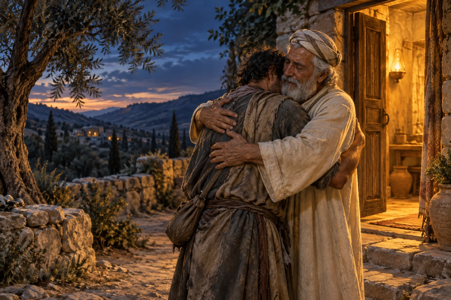 Conceptual illustration of a father welcoming his returning son.