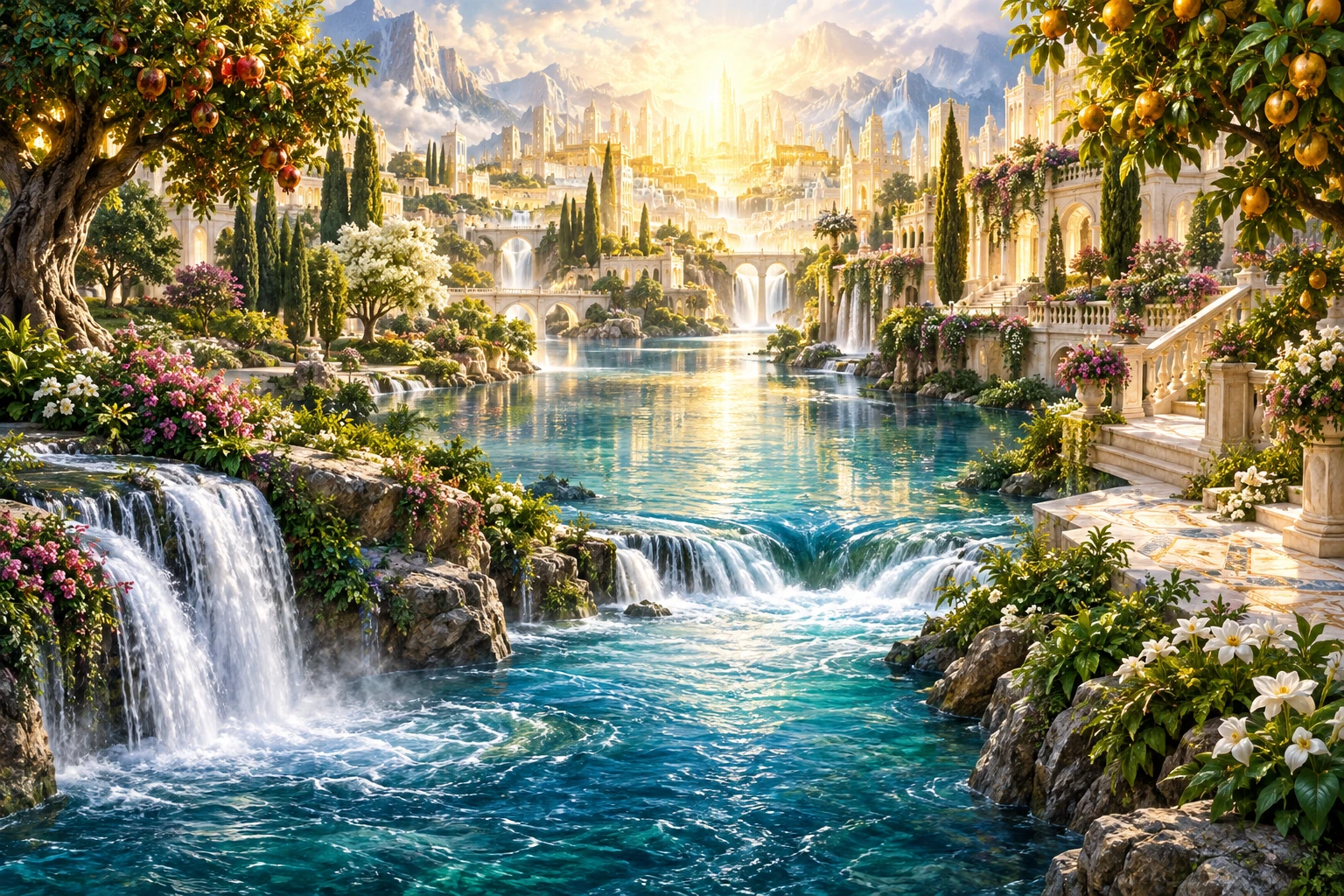 Symbolic illustration of the river of life amid abundant trees and flowers.