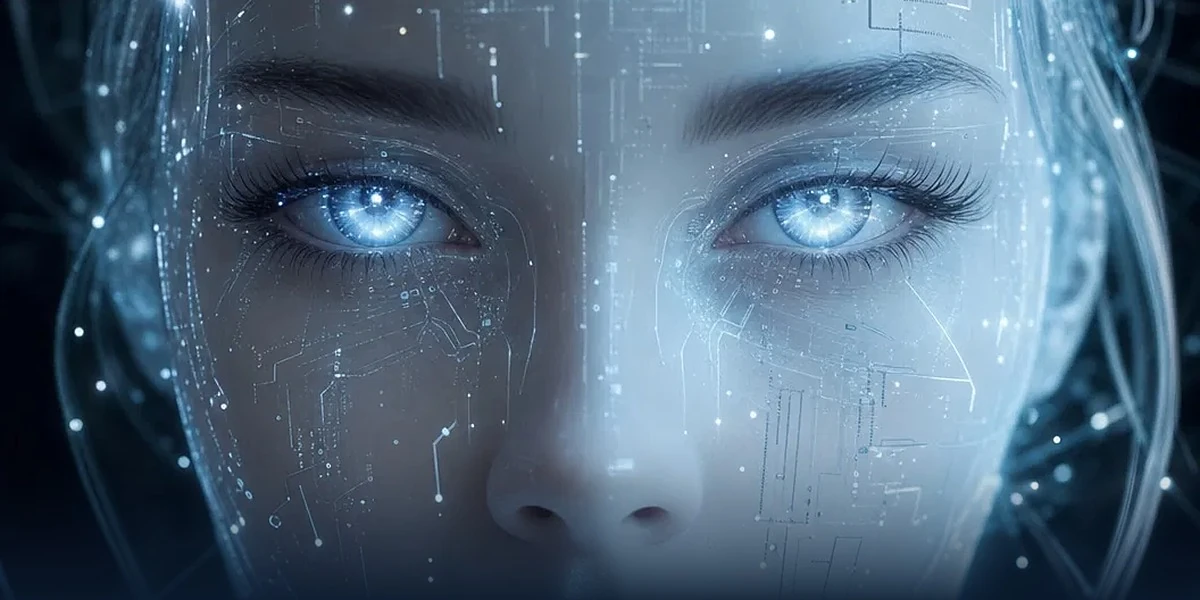 Conceptual portrait of an artificial face surrounded by blue circuitry, illustrating the question of delegated digital authority.