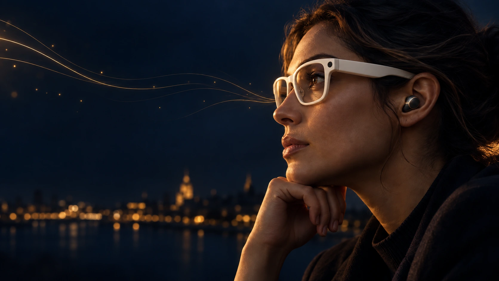 Conceptual portrait of a woman wearing white AI glasses.