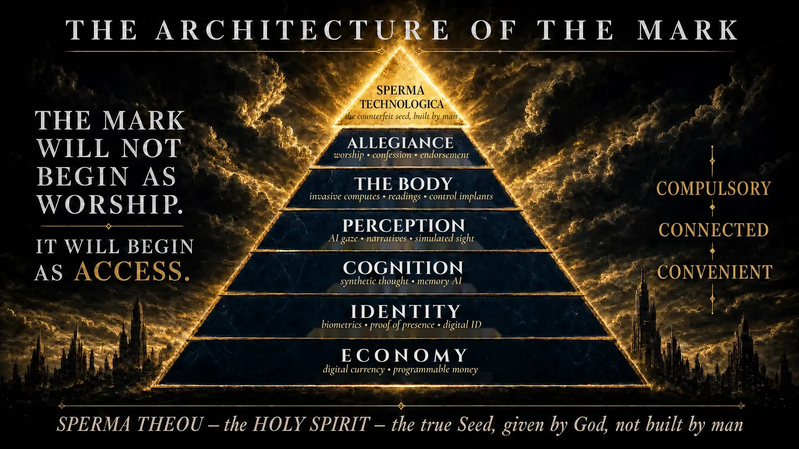 The Architecture of the Mark — a six-tier pyramid from Economy, Identity, Cognition, Perception, The Body, and Allegiance rising to the counterfeit capstone Sperma Technologica, set against Sperma Theou, the true Seed given by God.