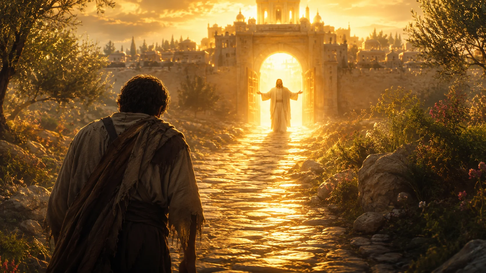 An artistic vision of a traveler approaching Christ at the radiant gates of the New Jerusalem