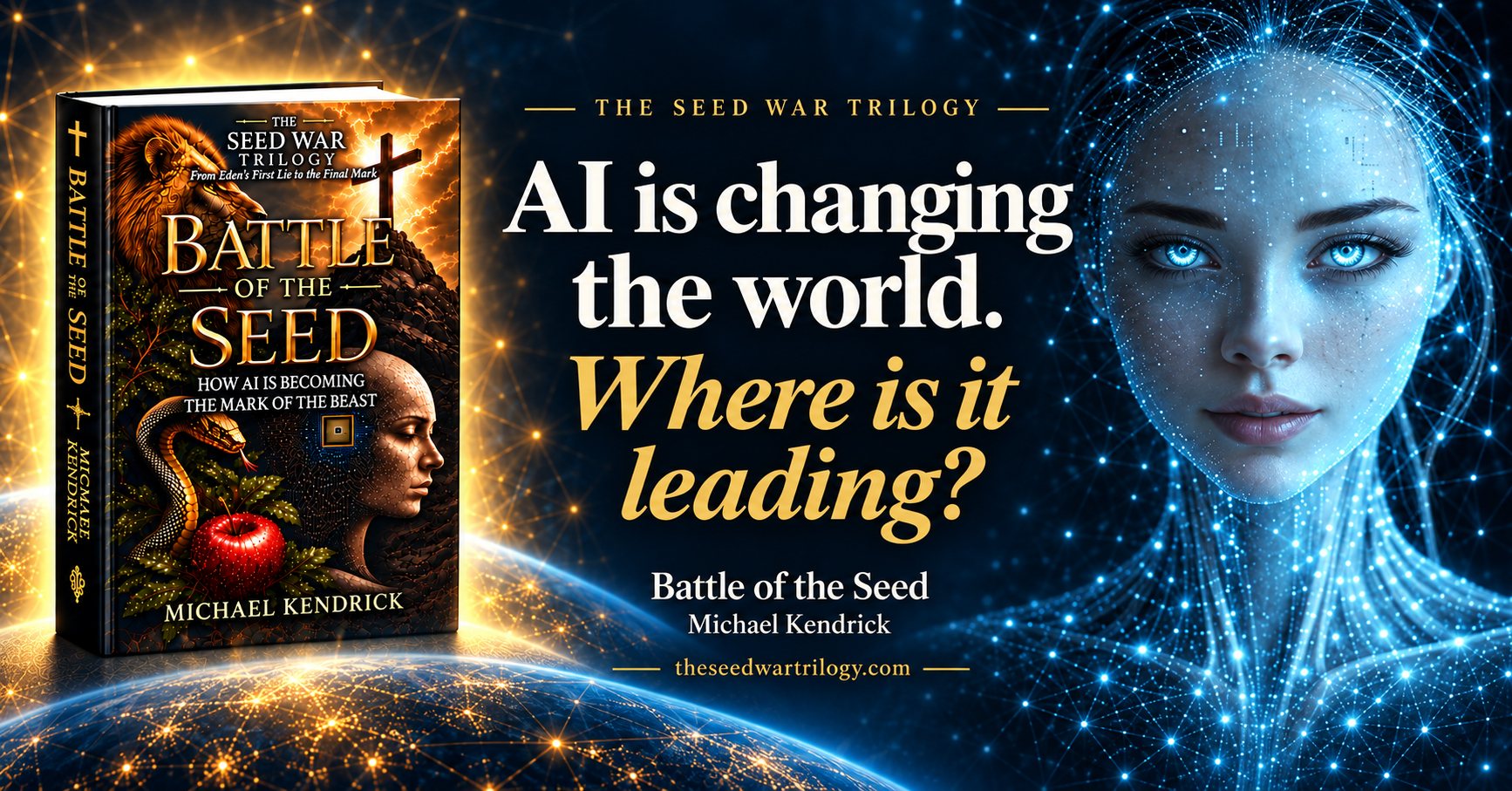 Battle of the Seed by Michael Kendrick beside a blue digital woman. AI is changing the world. Where is it leading?