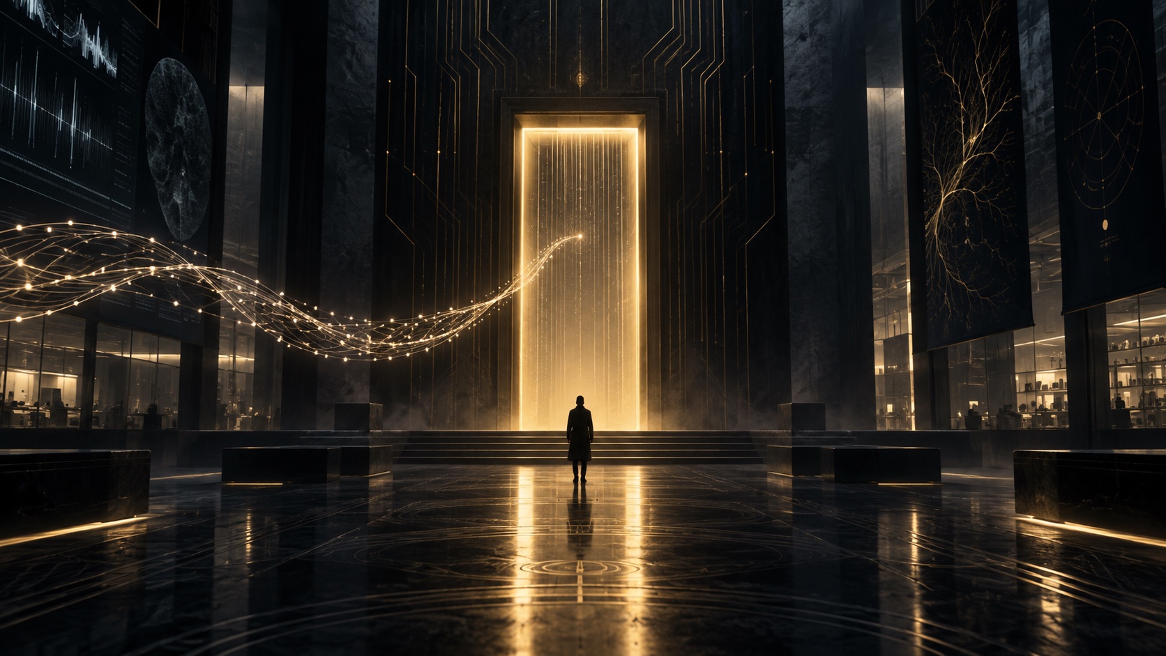 A gold gateway receives streams of biological signals inside a dark research environment.