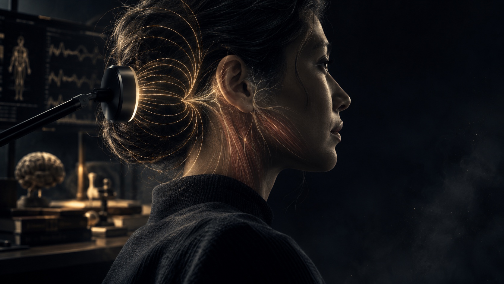 A sensor near a human head receives gold magnetic field lines through hair without touching skin.