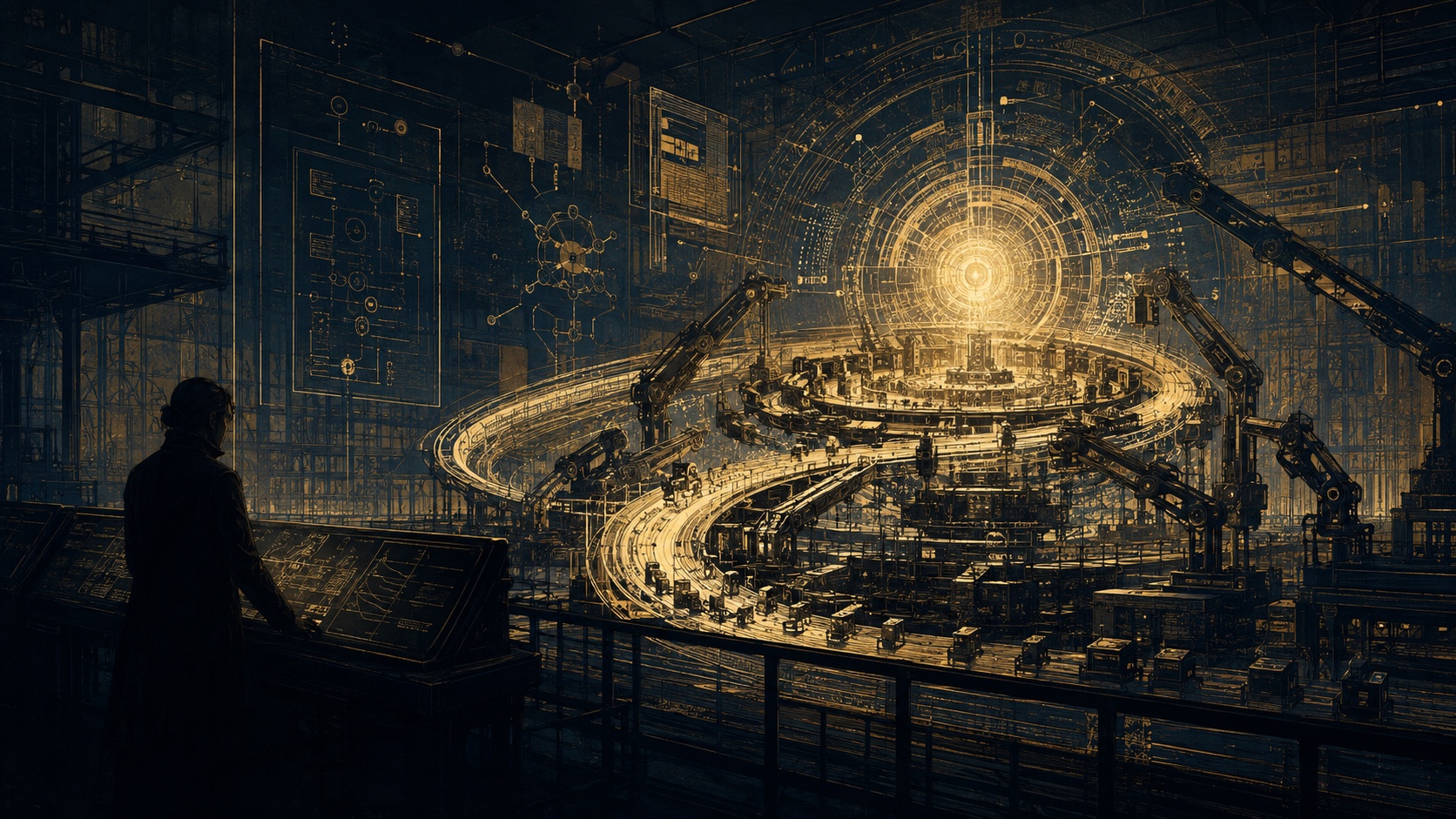 A human observer at a control console overlooks a vast, gold-lit machine-research factory arranged around a recursive circular assembly loop.